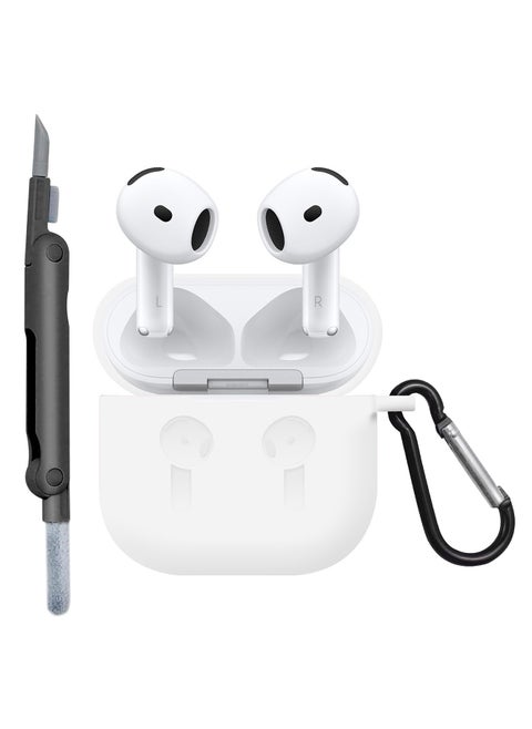 ( for Apple Airpods 4 2024 ) Case with Cleaner Kit Shockproof Protective Soft Silicone Case Cover with Carabiner Keychain - White Case Black Cleaner