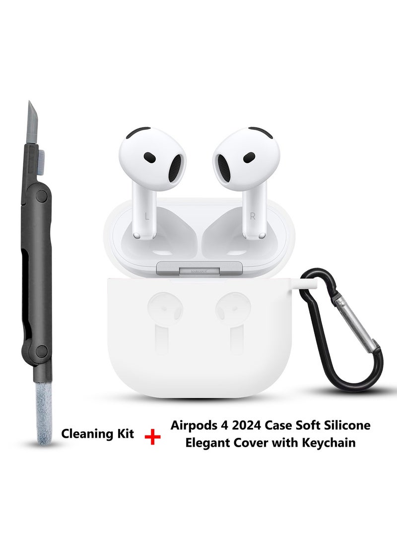 ( for Apple Airpods 4 2024 ) Case with Cleaner Kit Shockproof Protective Soft Silicone Case Cover with Carabiner Keychain - White Case Black Cleaner