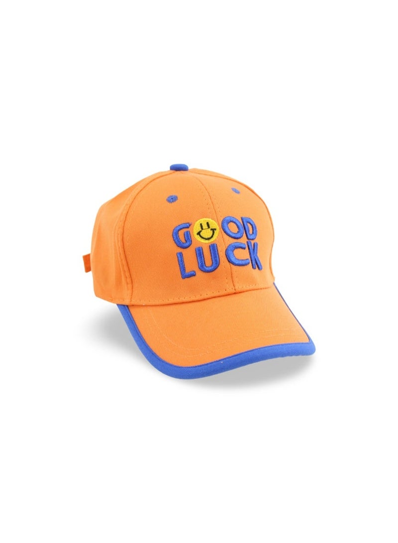 Fancy Unisex Cotton Cap – Orange with "Good Luck" Design - Image 1