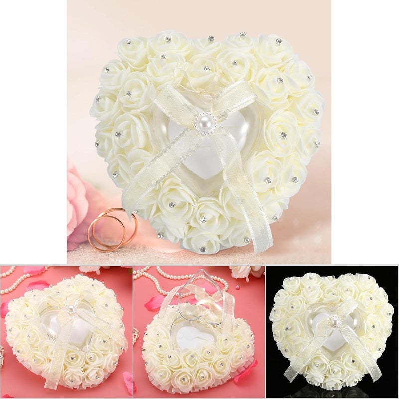 Hilitand Wedding Cushion Pillow Romantic Heart Shaped Wedding Box Rose Rhinestone Decorative Jewellery Boxes(Milky White) - Image 3