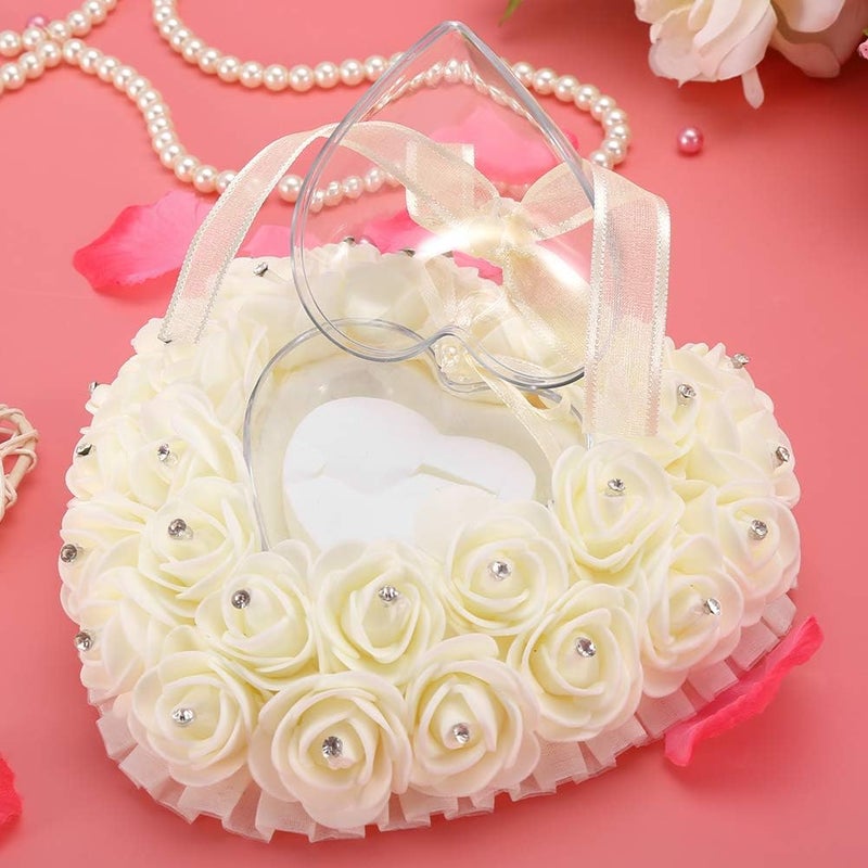 Hilitand Wedding Cushion Pillow Romantic Heart Shaped Wedding Box Rose Rhinestone Decorative Jewellery Boxes(Milky White) - Image 5