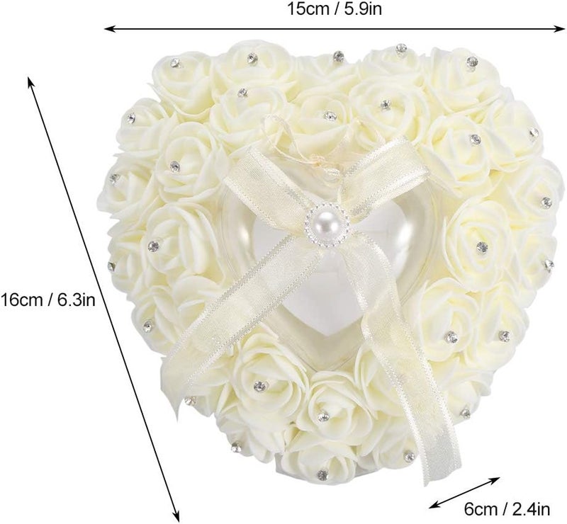 Hilitand Wedding Cushion Pillow Romantic Heart Shaped Wedding Box Rose Rhinestone Decorative Jewellery Boxes(Milky White) - Image 4