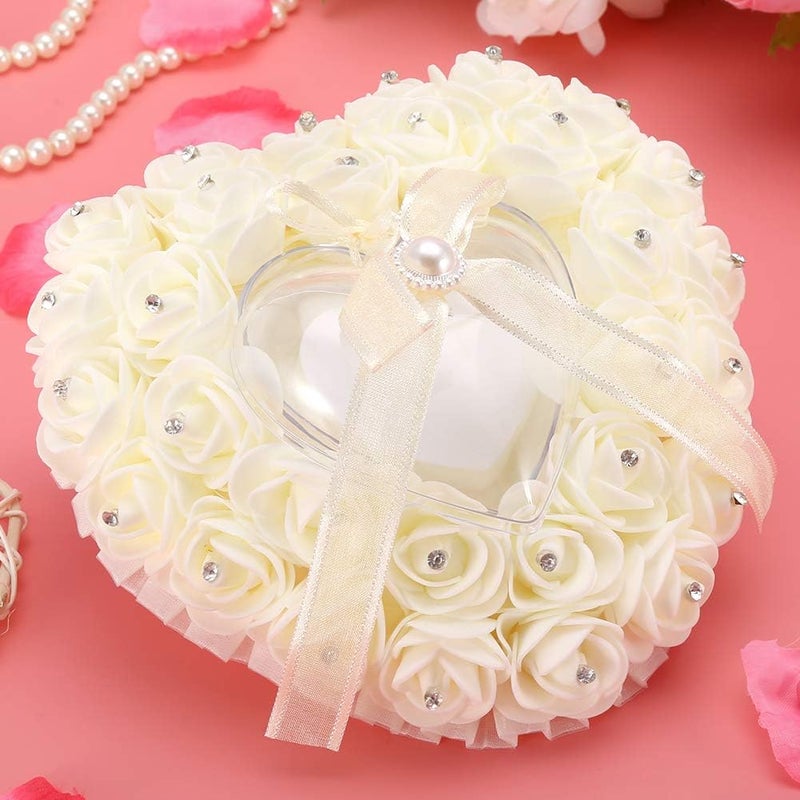 Hilitand Wedding Cushion Pillow Romantic Heart Shaped Wedding Box Rose Rhinestone Decorative Jewellery Boxes(Milky White) - Image 2