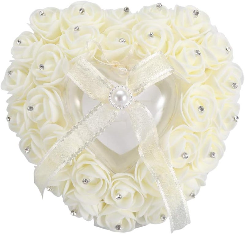 Hilitand Wedding Cushion Pillow Romantic Heart Shaped Wedding Box Rose Rhinestone Decorative Jewellery Boxes(Milky White) - Image 1