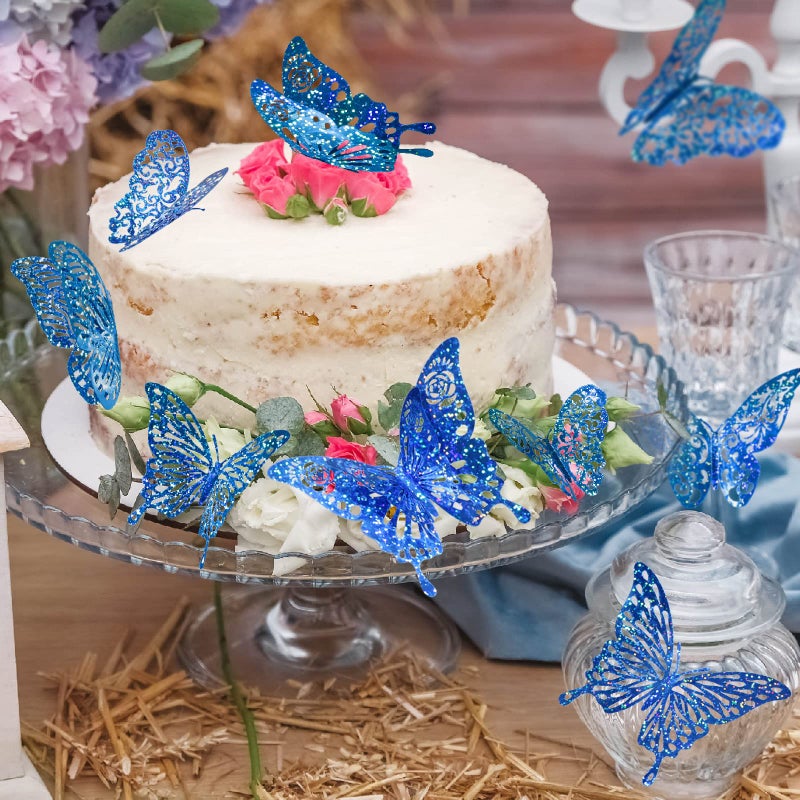 DELEMI 60 Pcs 3D Iridescent Bule Sequined Butterfly Wall Decals, Butterfly Stickers with 5 Styles, Decorations for Cake Toppers Shower Decorations Bedroom (Sequined Blue) - Image 3