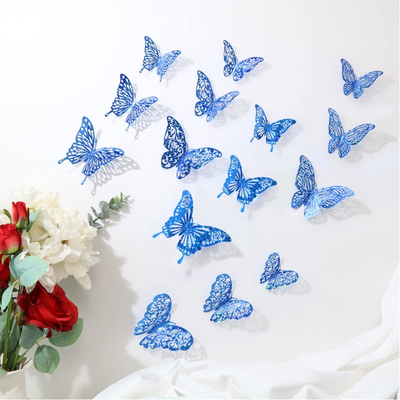 DELEMI 60 Pcs 3D Iridescent Bule Sequined Butterfly Wall Decals, Butterfly Stickers with 5 Styles, Decorations for Cake Toppers Shower Decorations Bedroom (Sequined Blue) - Image 4