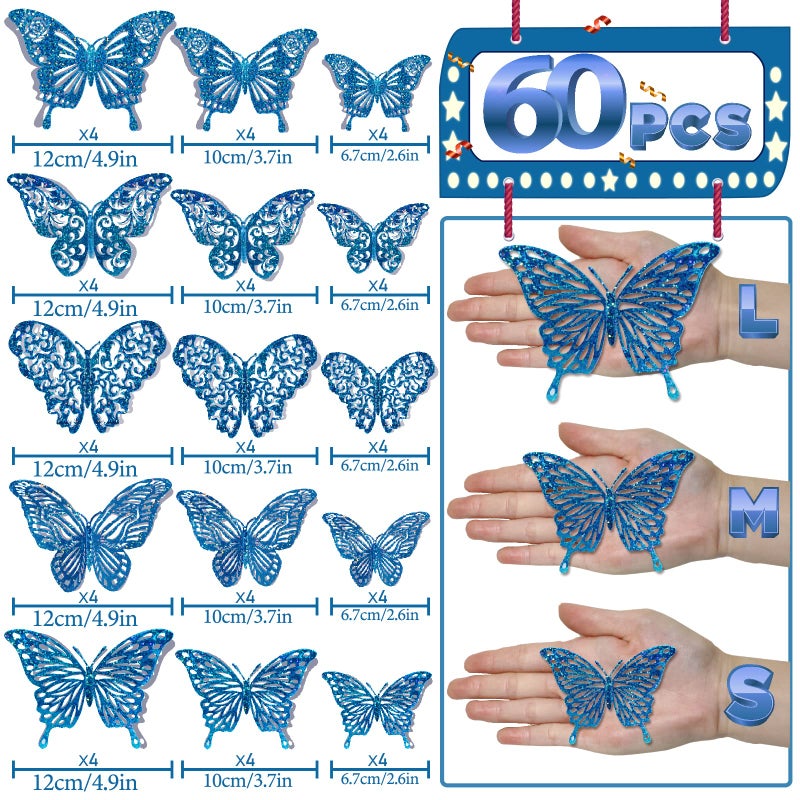 DELEMI 60 Pcs 3D Iridescent Bule Sequined Butterfly Wall Decals, Butterfly Stickers with 5 Styles, Decorations for Cake Toppers Shower Decorations Bedroom (Sequined Blue) - Image 5