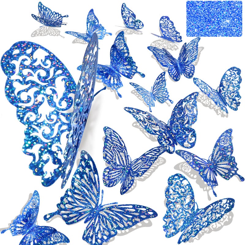 DELEMI 60 Pcs 3D Iridescent Bule Sequined Butterfly Wall Decals, Butterfly Stickers with 5 Styles, Decorations for Cake Toppers Shower Decorations Bedroom (Sequined Blue) - Image 1