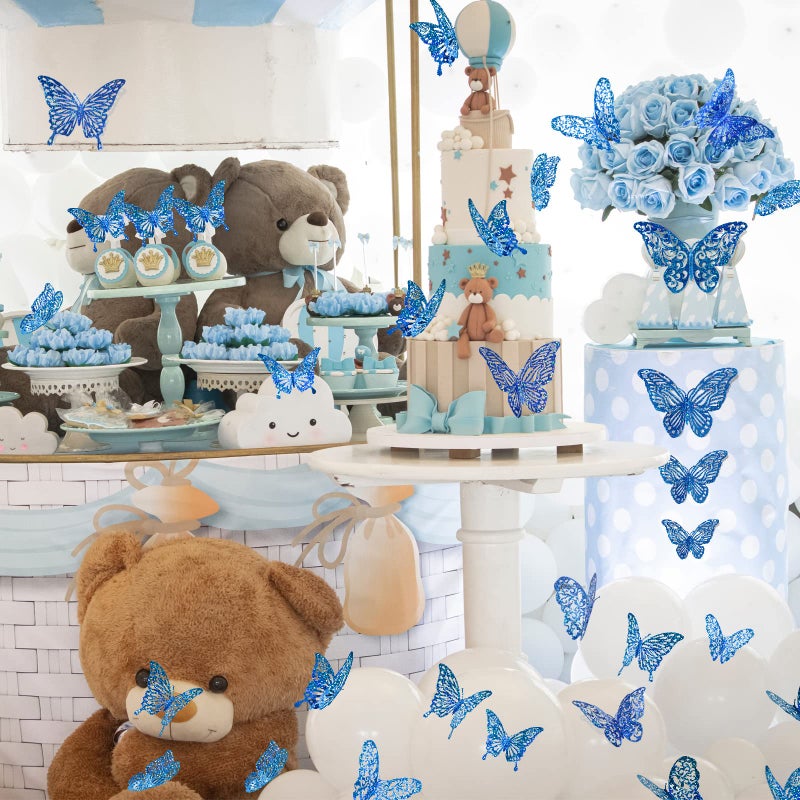 DELEMI 60 Pcs 3D Iridescent Bule Sequined Butterfly Wall Decals, Butterfly Stickers with 5 Styles, Decorations for Cake Toppers Shower Decorations Bedroom (Sequined Blue) - Image 2