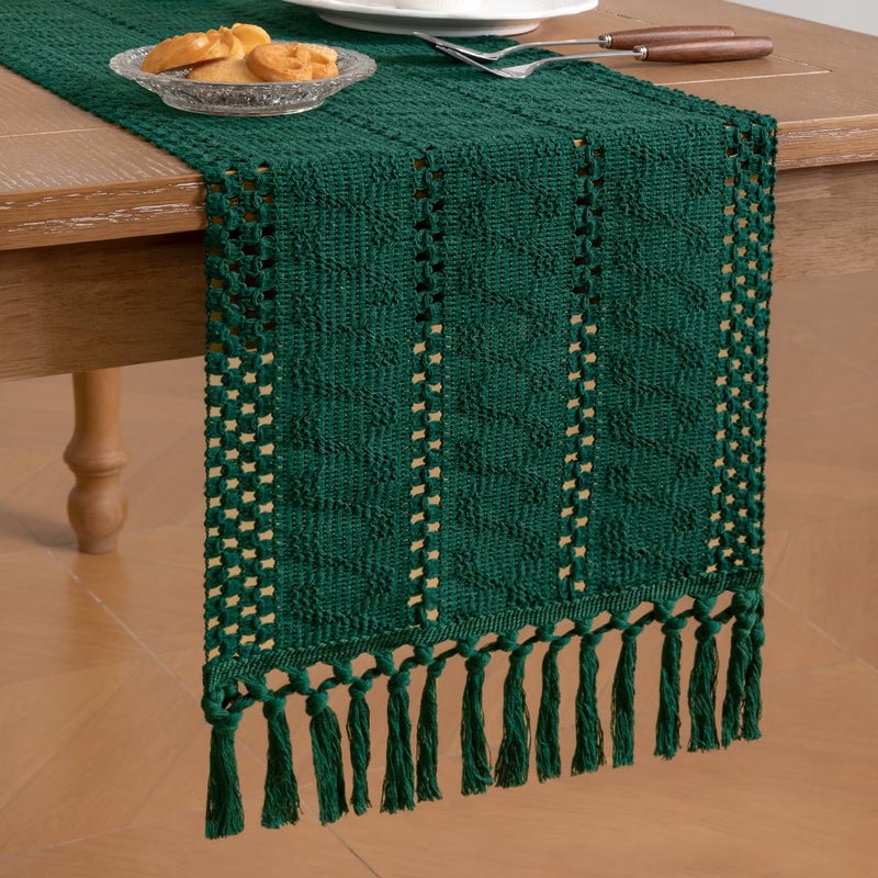 Socomi Boho Table Runner Valentine's Day Farmhouse Rustic Dining Kitchen Centerpiece Decor Small Macrame Woven Cotton Linen Coffee Table Runner for Dresser Scarf Home Decor 12x60 inch Emerald Green - Image 4