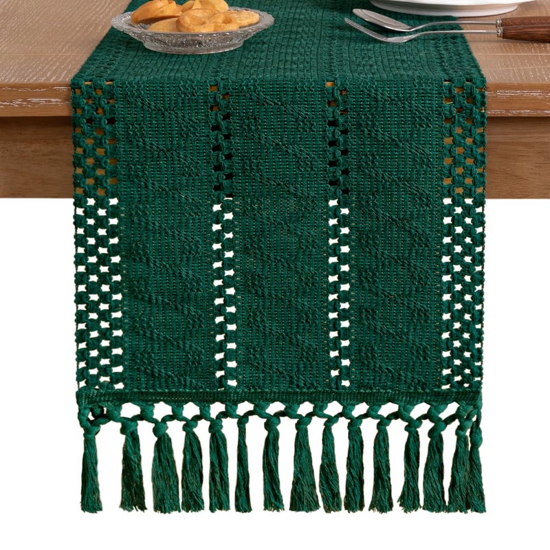 Socomi Boho Table Runner Valentine's Day Farmhouse Rustic Dining Kitchen Centerpiece Decor Small Macrame Woven Cotton Linen Coffee Table Runner for Dresser Scarf Home Decor 12x60 inch Emerald Green - Image 3