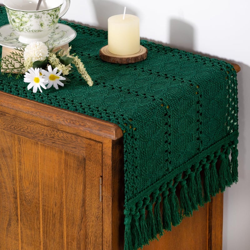 Socomi Boho Table Runner Valentine's Day Farmhouse Rustic Dining Kitchen Centerpiece Decor Small Macrame Woven Cotton Linen Coffee Table Runner for Dresser Scarf Home Decor 12x60 inch Emerald Green - Image 2
