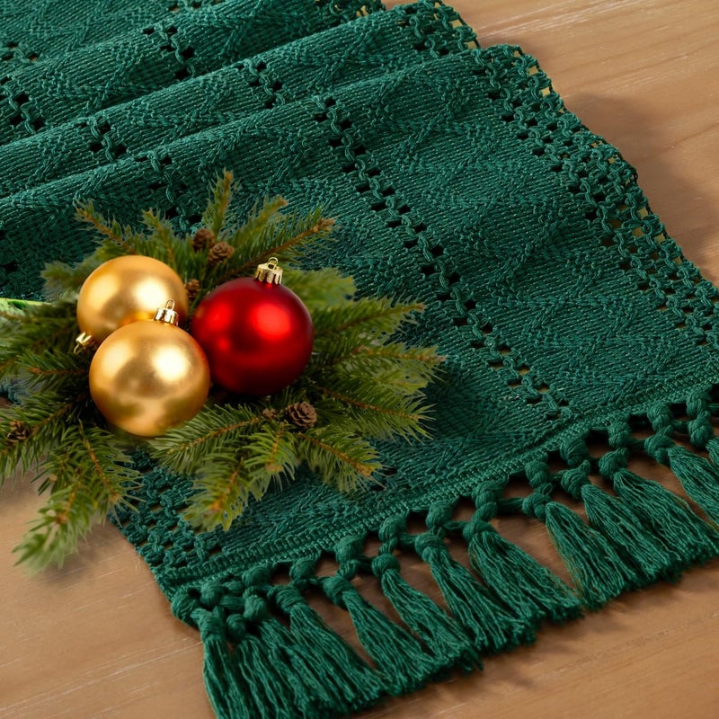 Socomi Boho Table Runner Valentine's Day Farmhouse Rustic Dining Kitchen Centerpiece Decor Small Macrame Woven Cotton Linen Coffee Table Runner for Dresser Scarf Home Decor 12x60 inch Emerald Green - Image 1