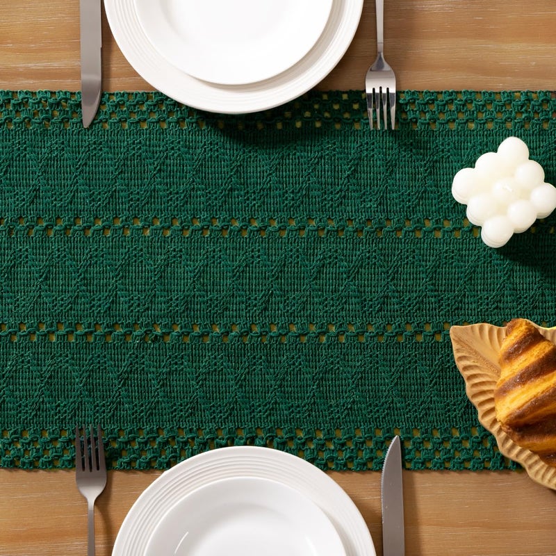 Socomi Boho Table Runner Valentine's Day Farmhouse Rustic Dining Kitchen Centerpiece Decor Small Macrame Woven Cotton Linen Coffee Table Runner for Dresser Scarf Home Decor 12x60 inch Emerald Green - Image 5