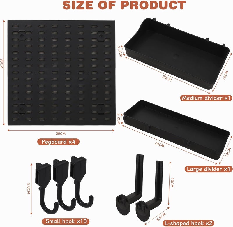 Magic Park Pegboard Combination Kit,Wall Organizer Wall Mount Display Pegboard Panel Kit for Live Room Gaming Room Craft Room 4 x 30 * 30cm Plastic Wall Organizer Kit (Black, 60 * 60cm) - Image 4