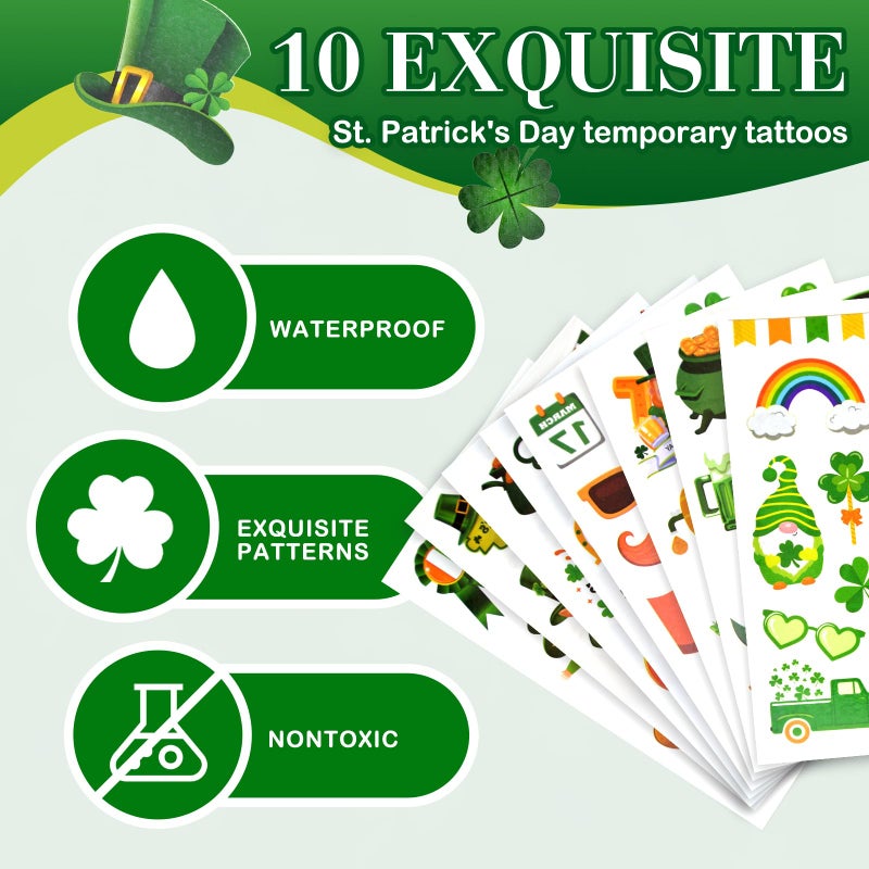 JGCWorker 12 Pcs St. Patrick's Day Party Favors Set, Green Beads Necklaces with Shamrock and Beer Mug Designs for Adults, Plus 10 Sheets Irish Leprechaun Clover Tattoo Stickers for Festive Celebration - Image 3