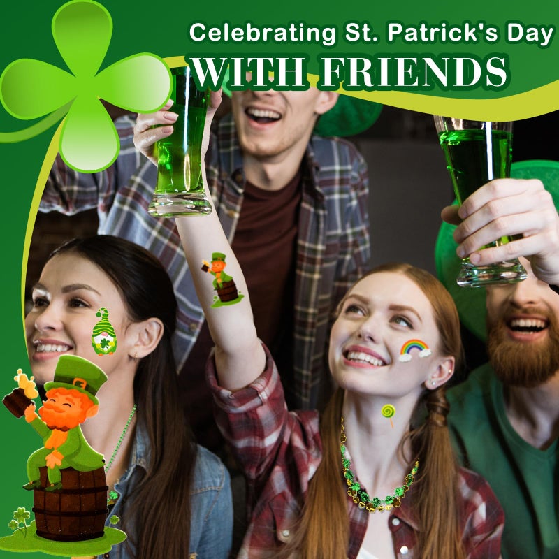 JGCWorker 12 Pcs St. Patrick's Day Party Favors Set, Green Beads Necklaces with Shamrock and Beer Mug Designs for Adults, Plus 10 Sheets Irish Leprechaun Clover Tattoo Stickers for Festive Celebration - Image 5
