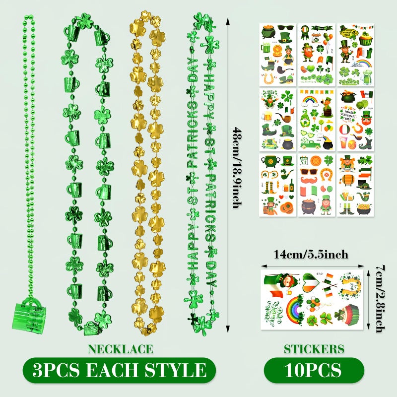 JGCWorker 12 Pcs St. Patrick's Day Party Favors Set, Green Beads Necklaces with Shamrock and Beer Mug Designs for Adults, Plus 10 Sheets Irish Leprechaun Clover Tattoo Stickers for Festive Celebration - Image 2