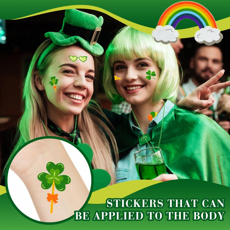JGCWorker 12 Pcs St. Patrick's Day Party Favors Set, Green Beads Necklaces with Shamrock and Beer Mug Designs for Adults, Plus 10 Sheets Irish Leprechaun Clover Tattoo Stickers for Festive Celebration - Image 4