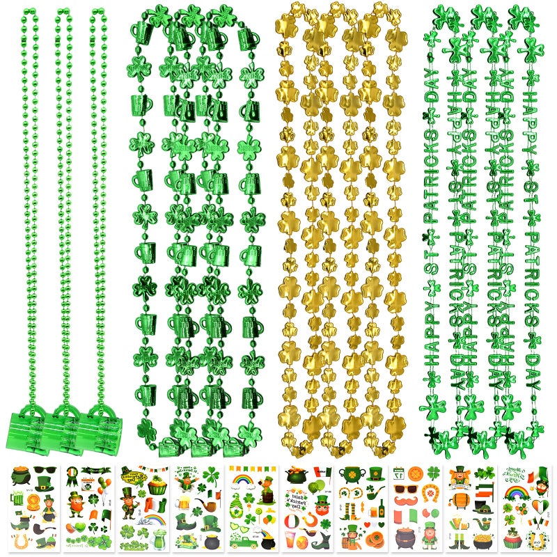 JGCWorker 12 Pcs St. Patrick's Day Party Favors Set, Green Beads Necklaces with Shamrock and Beer Mug Designs for Adults, Plus 10 Sheets Irish Leprechaun Clover Tattoo Stickers for Festive Celebration - Image 1