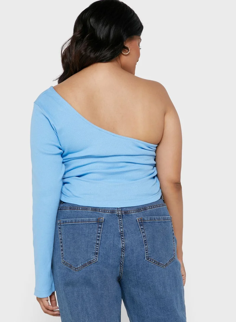 I Saw It First Curve Blue Plus Size Thick Rib One Shoulder Ruched Side