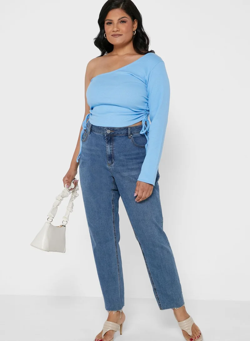 I Saw It First Curve Blue Plus Size Thick Rib One Shoulder Ruched Side