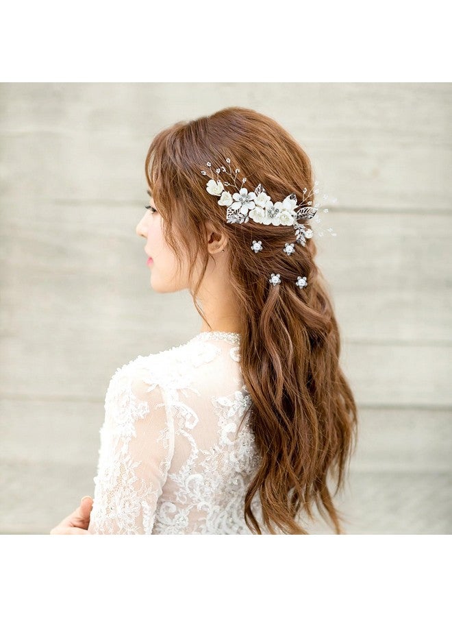 Cinaci 18 Pieces Bridal Wedding Party Prom Pearl Rhinestone White Flower Hair Side Combs Slides+U-shaped Flower Hair Pins+Twist Spiral Hairpins Floral Headpieces for Brides Bridesmaids Women Girls - Image 3