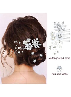 Cinaci Cinaci 18 Pieces Bridal Wedding Party Prom Pearl Rhinestone White Flower Hair Side Combs Slides+U-shaped Flower Hair Pins+Twist Spiral Hairpins Floral Headpieces for Brides Bridesmaids Women Girls  - Image 4