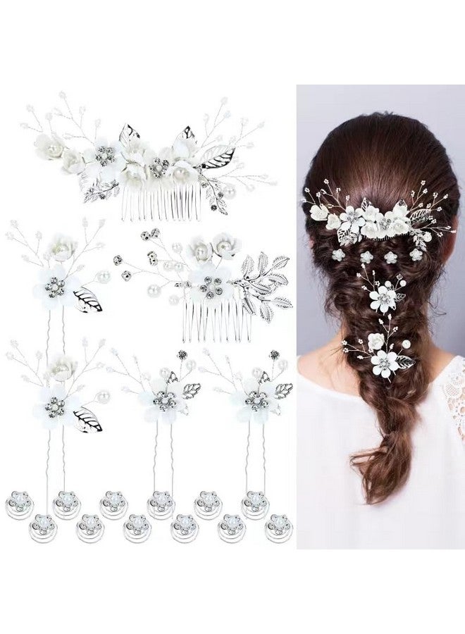 Cinaci 18 Pieces Bridal Wedding Party Prom Pearl Rhinestone White Flower Hair Side Combs Slides+U-shaped Flower Hair Pins+Twist Spiral Hairpins Floral Headpieces for Brides Bridesmaids Women Girls - Image 1