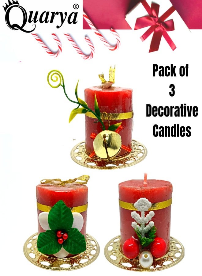 Quarya Red Wax Pillar Round Christmas Candles (Pack of 3) - Traditional Handcrafted Design for Home & Office Decoration - Image 2