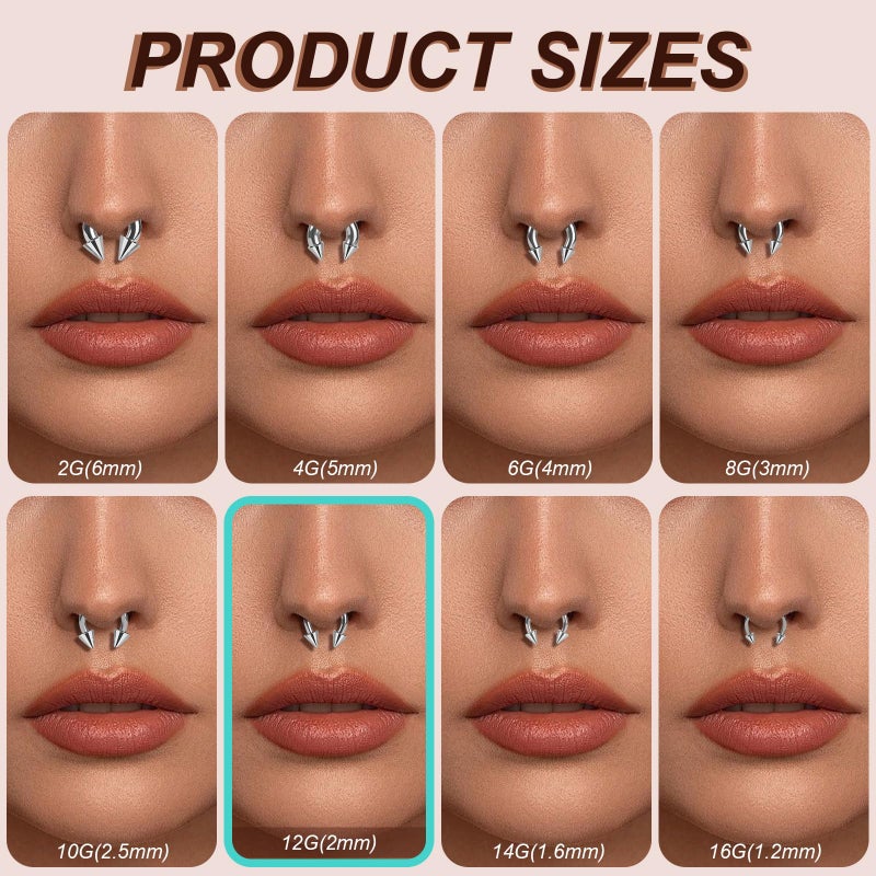 ONESING 8Pcs Septum Rings 12G Stianless Steel Septum Jewelry Hoop Spike Horseshoe Septum Pincher Eyebrow Lip Nose Helix Tragus Daith Rook Spetum Strechting Kit for Women Men 12mm Silver - Image 2