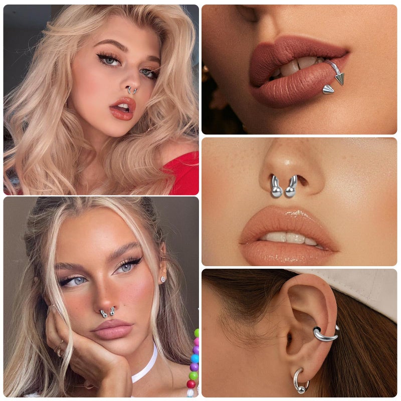 ONESING 8Pcs Septum Rings 12G Stianless Steel Septum Jewelry Hoop Spike Horseshoe Septum Pincher Eyebrow Lip Nose Helix Tragus Daith Rook Spetum Strechting Kit for Women Men 12mm Silver - Image 3