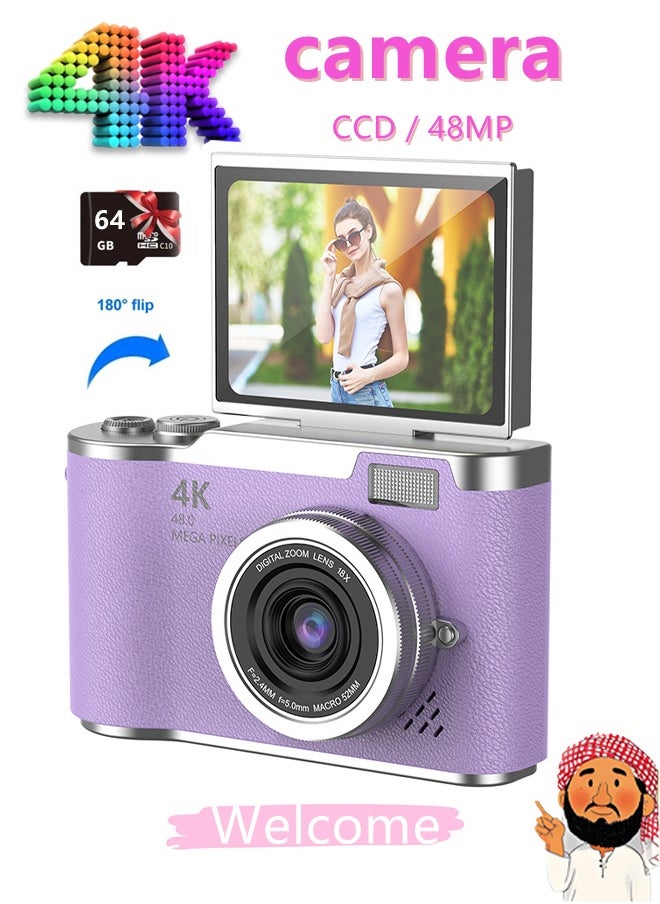 Generic 4k CCD Digital Zoom Student Digital Camera 48MP Portable Digital Photography Camera 180° Flip Screen Selfie Camera，with 64GB SD card 