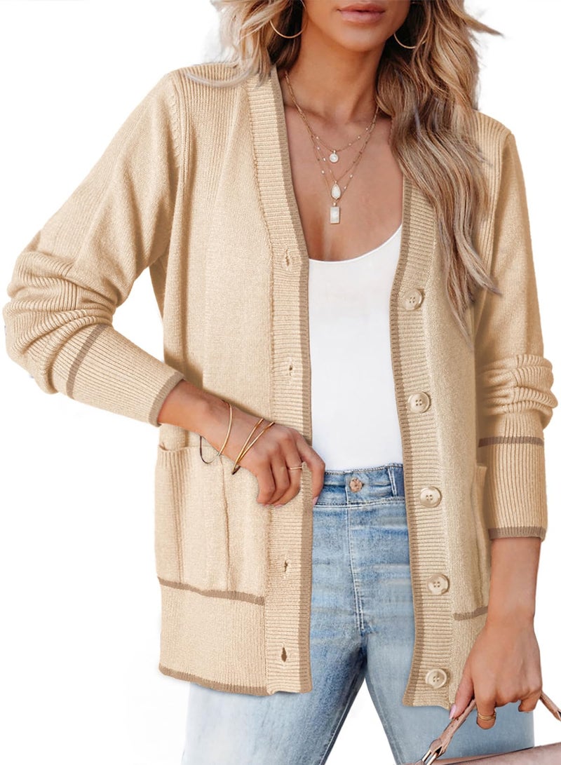 Dokotoo Cardigans for Ladies Open Front Long Sleeve 2024 Fall Fashion Sweaters Lightweight Color Blocked Fall Twisted Knit Sweater Coats with Pockets,Apricot X-Large - Image 1