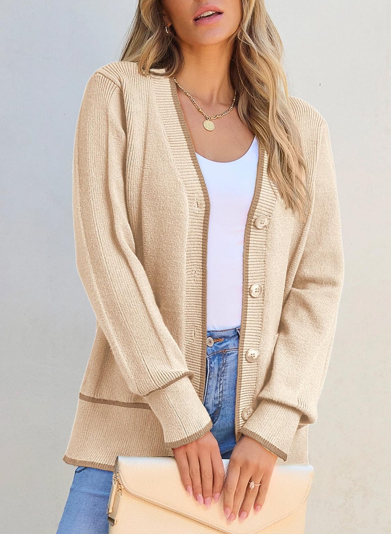 Dokotoo Cardigans for Ladies Open Front Long Sleeve 2024 Fall Fashion Sweaters Lightweight Color Blocked Fall Twisted Knit Sweater Coats with Pockets,Apricot X-Large - Image 2