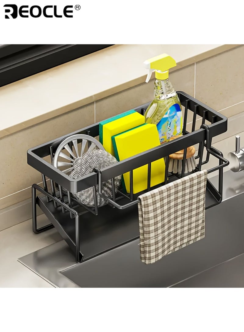 ريوكل منظم حوض مطبخ من الفولاذ المقاوم للصدأ مع حامل منشفة أطباق رف تخزين موفر للمساحة مصنوع بدقة للإسفنج والصابون والفرش والقطع القماشية - Image 2