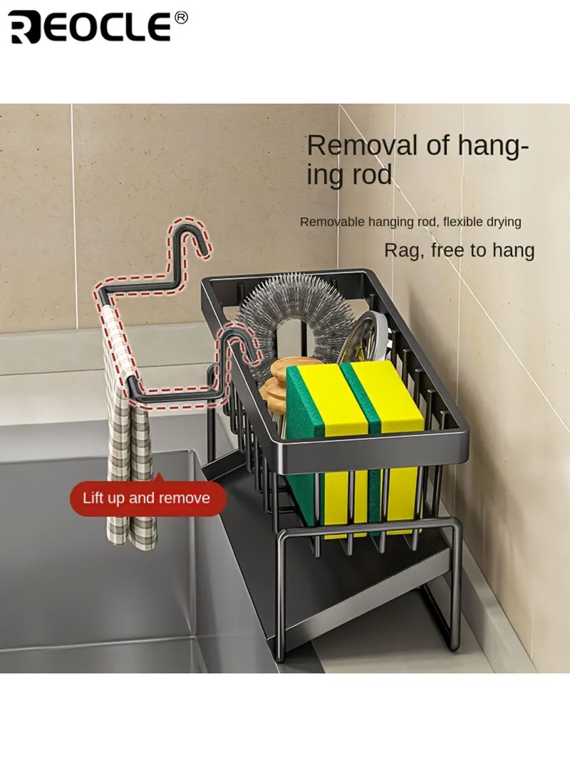 ريوكل منظم حوض مطبخ من الفولاذ المقاوم للصدأ مع حامل منشفة أطباق رف تخزين موفر للمساحة مصنوع بدقة للإسفنج والصابون والفرش والقطع القماشية - Image 4