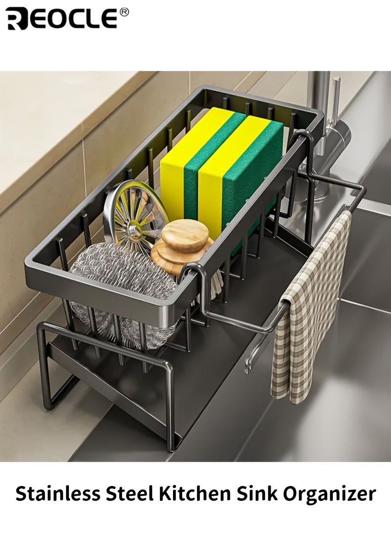 ريوكل منظم حوض مطبخ من الفولاذ المقاوم للصدأ مع حامل منشفة أطباق رف تخزين موفر للمساحة مصنوع بدقة للإسفنج والصابون والفرش والقطع القماشية - Image 1