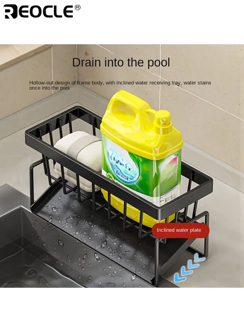 ريوكل منظم حوض مطبخ من الفولاذ المقاوم للصدأ مع حامل منشفة أطباق رف تخزين موفر للمساحة مصنوع بدقة للإسفنج والصابون والفرش والقطع القماشية - Image 3