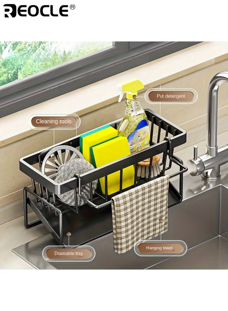 ريوكل منظم حوض مطبخ من الفولاذ المقاوم للصدأ مع حامل منشفة أطباق رف تخزين موفر للمساحة مصنوع بدقة للإسفنج والصابون والفرش والقطع القماشية - Image 5