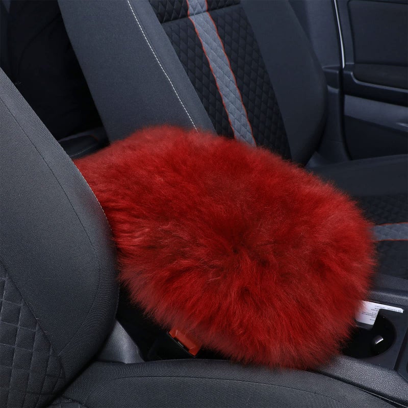 Frienda Furry Armrest Cover Auto Center Console Cover Car Soft Console Pad, Real Sheepskin Wool Soft Fluffy Auto Center Armrest Pad for Most Car Decoration Protector(Wine Red) - Image 1