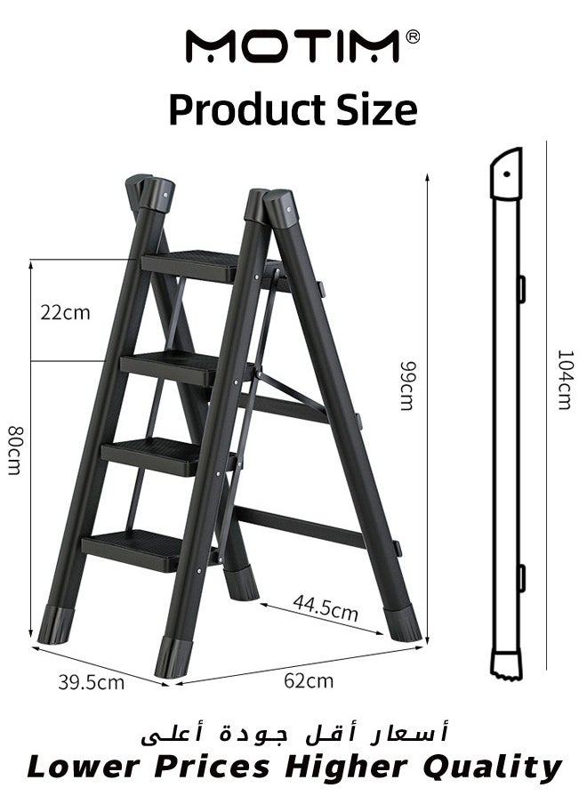 Motim - 4 Step Ladder Folding Step Stool with Wide Anti-Slip Pedal Sturdy Steel Ladder Lightweight Portable Steel Step Stool for Household and Kitchen Black - Image 1