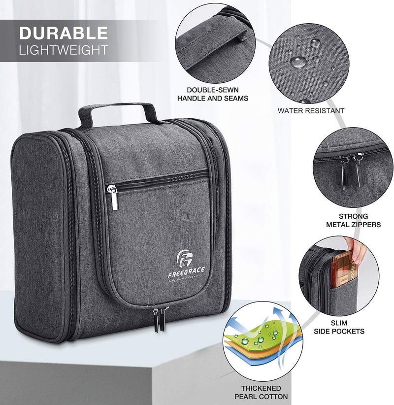 Freegrace Hanging Toiletry Bag Extra Large Capacity | Premium Travel Organizer Bags For Men And Women | Durable Waterproof Nylon Bathroom, Shower, Makeup Bag For Toiletries, Cosmetics, Brushes (Dark Grey) - Image 3