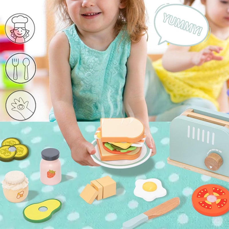 umu Wooden Toaster Set, 17 PCS Pretend Play Kitchen Toy with Pop-up Toaster, Sliceable Butter, Vegetables, Interactive Montessori Role Play Set, Eid Gift For Ages 3+ - Image 5