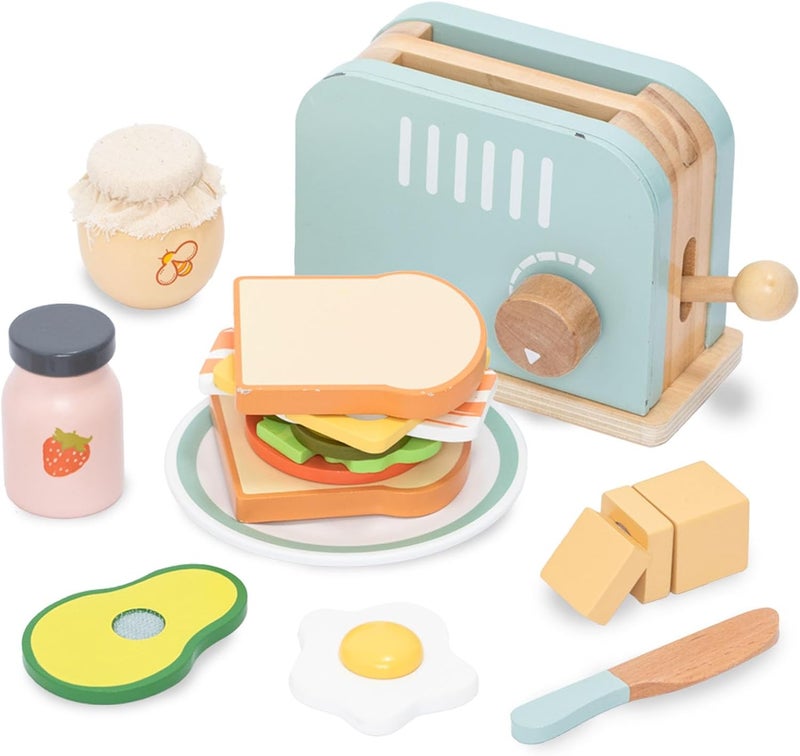 umu Wooden Toaster Set, 17 PCS Pretend Play Kitchen Toy with Pop-up Toaster, Sliceable Butter, Vegetables, Interactive Montessori Role Play Set, Eid Gift For Ages 3+ - Image 1
