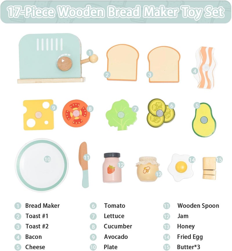 umu Wooden Toaster Set, 17 PCS Pretend Play Kitchen Toy with Pop-up Toaster, Sliceable Butter, Vegetables, Interactive Montessori Role Play Set, Eid Gift For Ages 3+ - Image 4