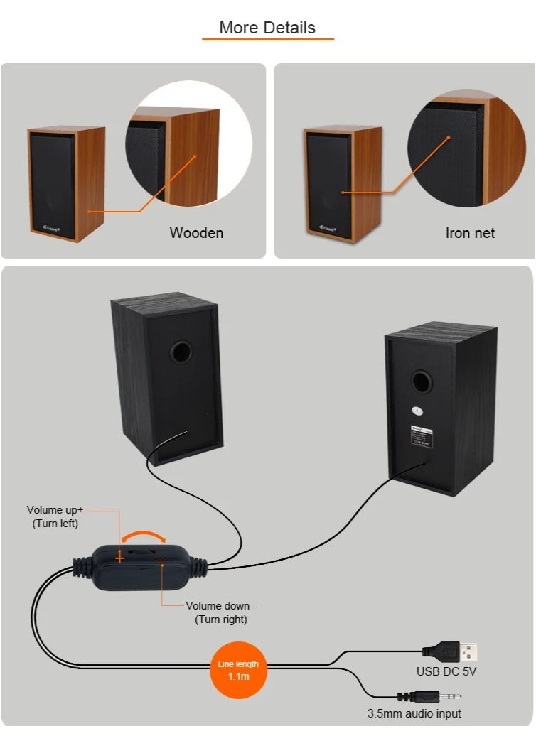 Kisonli T-002A Wooden Square USB Speaker – 6W Compact Stereo Sound - Image 3