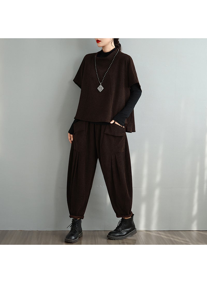 Generic Real shot 2024 autumn new Harlan pants stand collar half sleeve pullover fashion plus size womens top two-piece suit Brown 