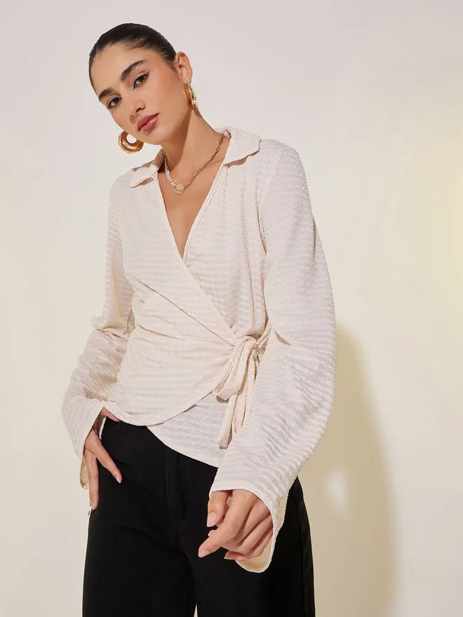 تايك تو بلوزة التفاف بأكمام طويلة بنسيج مزدوج