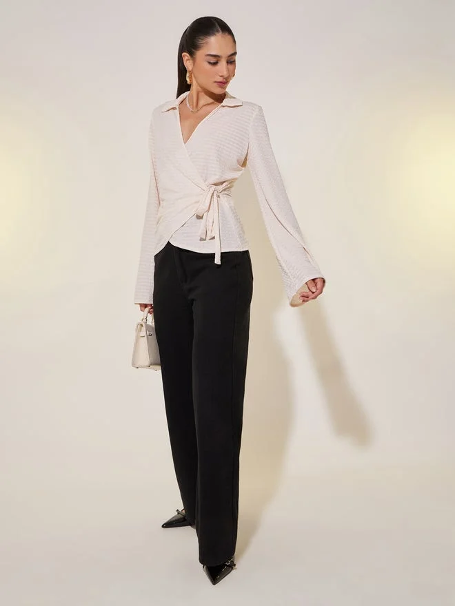 تايك تو بلوزة التفاف بأكمام طويلة بنسيج مزدوج